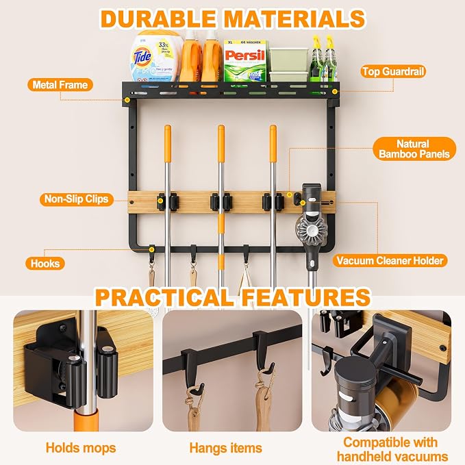 Broom Holder Wall Mount with Shelf, Small Mop Tool Organizer | 3 grippers, 3 hooks, vacuum slot, bamboo board, spray bottle tray, garage utility use