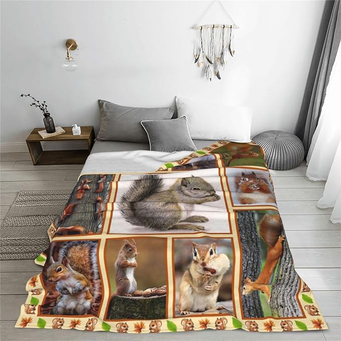 Cute Squirrel Decor Throw Blanket - Super Warm Soft Plush Lightweight Fleece Flannel Animals Blanket for Women, Girls, Boys, Men, Kids - Winter Couch Bedding - 60"X80