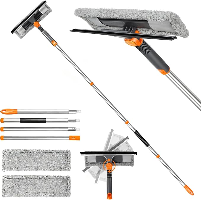 MASTERTOP 64”Window Squeegee with Extension Pole, 2-in-1 Professional Window Glass Cleaner Tool,Microfiber Cloth Window Washer Tool, Home Window Squeegee for Glass, Tile, Mirror