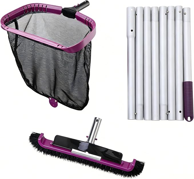 All-in-One Swimming Pool Cleaning Kit, Heavy Duty Deep Leaf Skimmer Net with Pool Brush Head, Adjustable Pole, Pool Cleaning Set for Inground/Above Ground Pools and Ponds, Purple