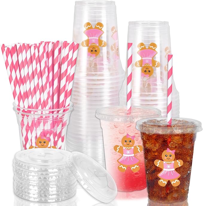 Whaline 50 Pcs 12 Oz Christmas Disposable Plastic Cups with Lids and Straws Cute Pink Gingerbread Man Cold Beverage Drinking Cups for Xmas Birthday Party Supplies