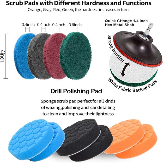 JUSONEY Drill Brush Scrub Pads 38 Piece Power Scrubber Cleaning Kit - All Purpose Cleaner Scrubbing Cordless Drill for Cleaning Pool Tile, Sinks, Bathtub, Brick, Ceramic, Marble, Auto, Boat