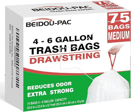 BEIDOU-PAC Trash Bags 4-6 Gallon Drawstring, 75 Count Garbage Bags, Medium Kitchen Trash Bags, Odorless & Heavy Duty White Plastic Food Scrap Bags for Bathroom Bedroom Office Waste