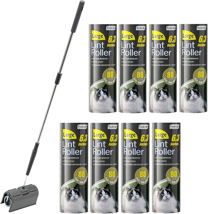 Fedicelly Lint Rollers Pet Hair Extra Sticky Floor with Long Handle,Large Cat Dog Hair Remover Laundry Clothes Carpet Furniture,6.3 inches Wider with 640 Sheets Giant Lint Remover Brush for Couch