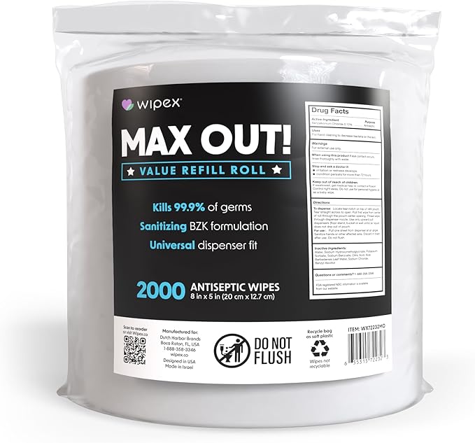 Wipex Max Out Sanitizing Wipes for Gyms - 2000 Wipes Economy Size Refill Rolls for Dispensers, 5"x8" - Ideal for High Volume Commercial Wellness Centers, Schools, Public Facilities & Studios