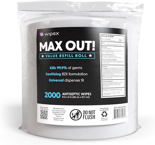 Wipex Max Out Sanitizing Wipes for Gyms - 2000 Wipes Economy Size Refill Rolls for Dispensers, 5"x8" - Ideal for High Volume Commercial Wellness Centers, Schools, Public Facilities & Studios