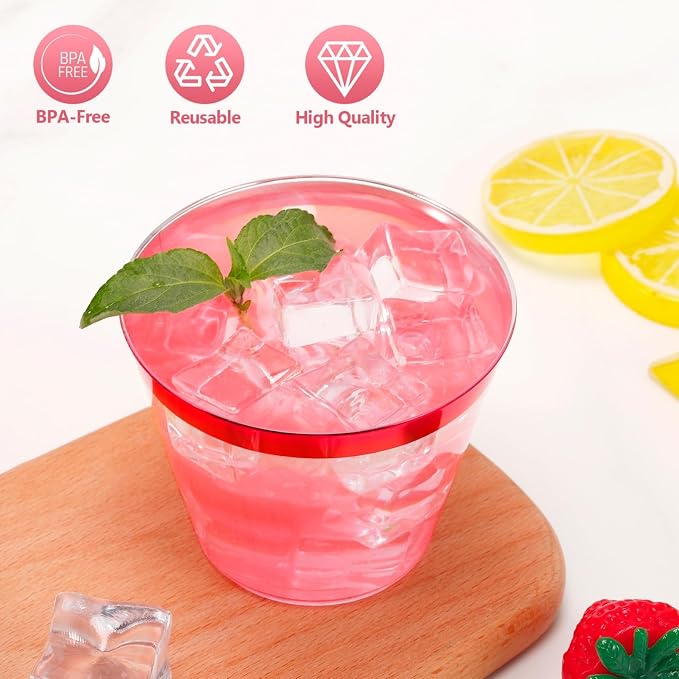 100 Pcs Red Rimmed Plastic Cups, 9 oz Disposable Wine Glasses, Elegant Cocktail Cup, Hard Plastic Drinking Cup, Clear Party Cups for Wedding, Birthday, Family Gatherings, Holiday