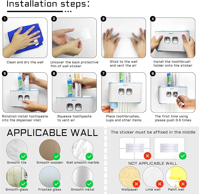 Toothbrush Holder Wall Mounted, WEKITY Multi-Functional Toothbrush and Toothpaste Dispenser for Bathroom, with 5 Toothbrush Slots and 4 Wall Adhesives, 2 Toothpaste Squeezers and 4 Cups