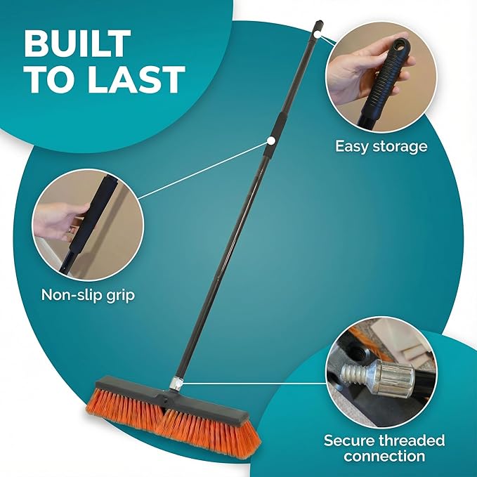 HELOMOR 2-Pack 19” Outdoor Push Brooms with 62” Long Handles – Heavy Duty Brooms for Driveway, Deck, Garage & Patio, Includes Dustpan Bin and Work Gloves