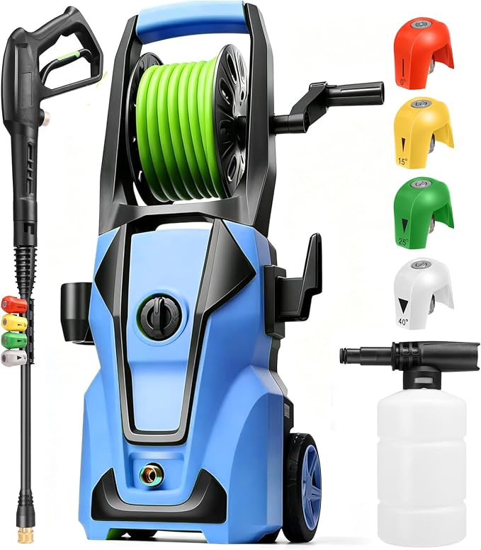Electric Pressure Washer 5000PSI Adjustable Max 4.0GPM with 33FT Flexible Extension Hose, 4 Nozzles, Foam Cannon, Power Washer Powered for Cars, Patios, Driveways, Blue