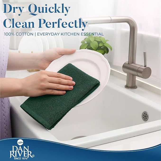 DAN RIVER Kitchen Bar Mops,Pack of 12,16 by 19 Inches,100% Cotton Super Absorbent,Multi-Purpose Cleaning Towels for Home and Kitchen Bars-Huntergreen