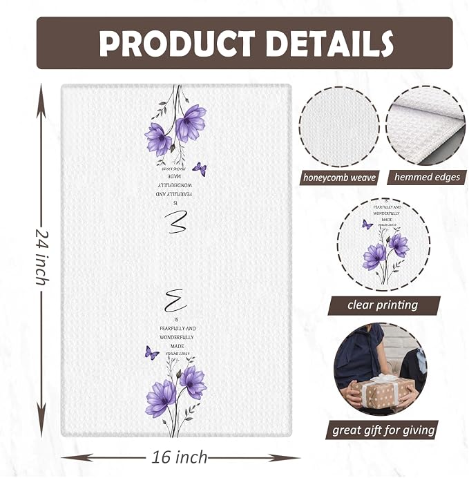 Purple Floral Christian Kitchen Towels, Inspirational Bible Verses Hand Towels for Bathroom Decor, Christian Gifts for Women, Religious Decor Dish Tea Towels for Kitchen, 16x24 Inch Set of 3