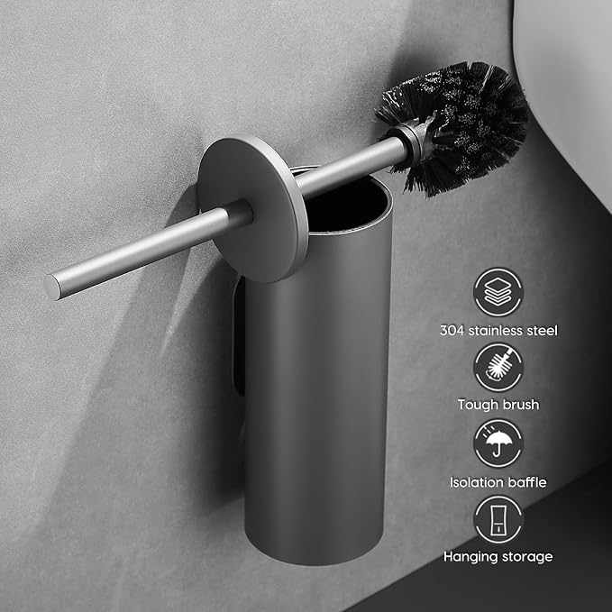 Toilet Brush and Holder Set Grey | Dual-purpose holder, Wall-mounted installation, Surface-mounted installation