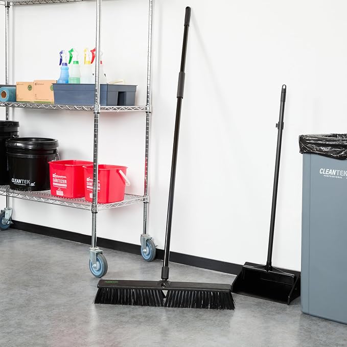 Restaurantware-Clean Tek Professional 23.62 Inch Push Broom, 1 Heavy-Duty Broom with 59” Handle - Medium Bristles, 2 Handle Attachment, Wooden, Commercial Use, for Deck, Garage, Yard, Patio