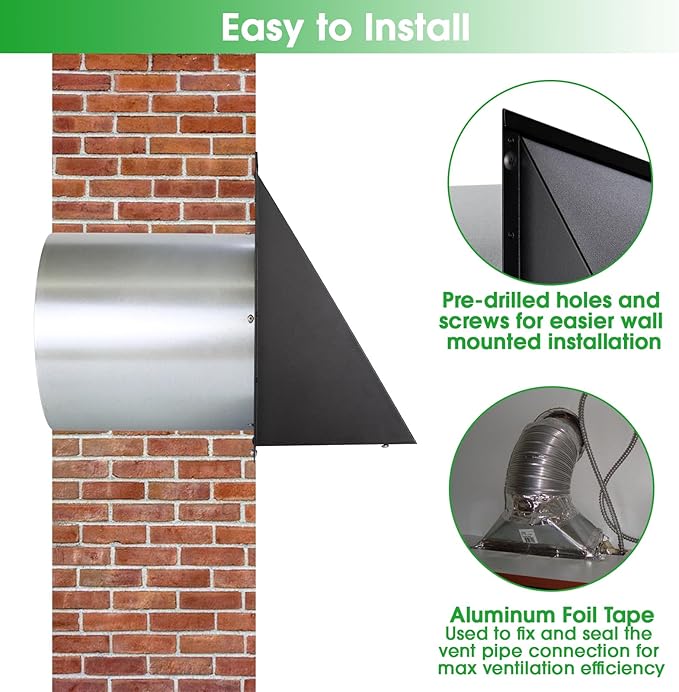 8 inch Hooded Wall Vent with Screen and Damper,Outdoor Wall Vent Cover Exhaust Vent Duct Cap,8" Exterior Vent Cover for Kitchen Range Hood Bathroom HVAC Duct Dryer Ventilation,Galvanized Steel,Black