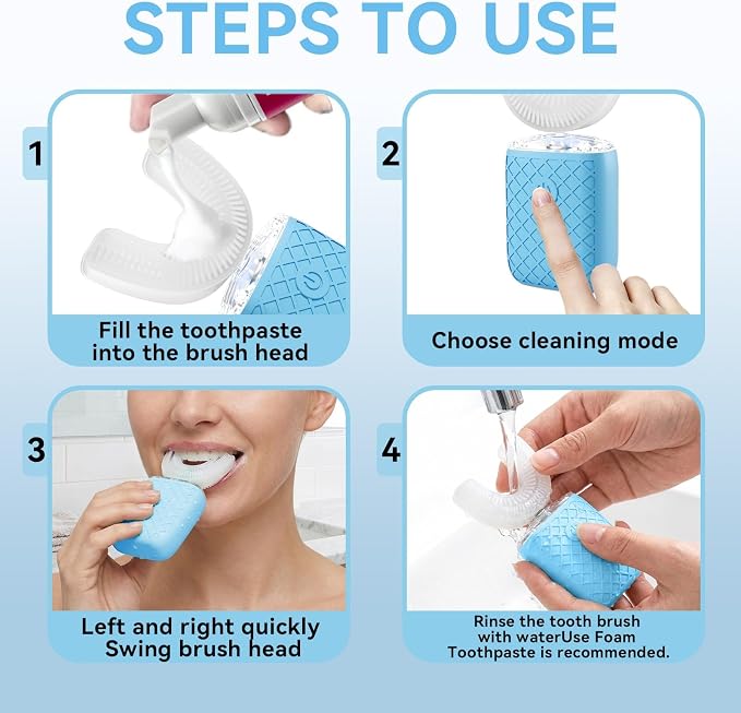Sonic Electric U Shaped Toothbrush for Adults, Automatic Full Mouth Cleaning Toothbrush, 360° Stain Removal, IPX7 Waterproof Rechargeable, 3 U-Shape & 2 Straight Brush Heads (Blue-Cup)