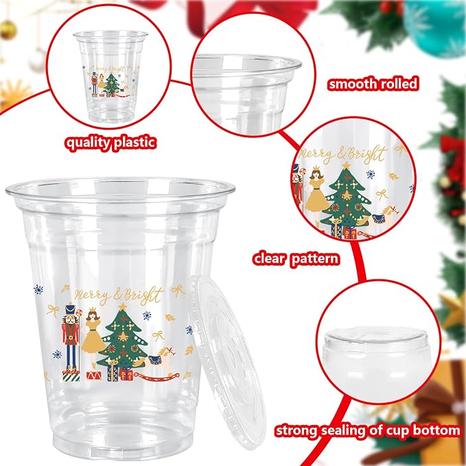 JarThenaAMCS 100 Pcs Christmas Plastic Cups 4 Styles Cartoon Nutcracker Clear Disposable Drinking Cup for Winter Holiday Xmas Party Favor Supplies, 12 Oz