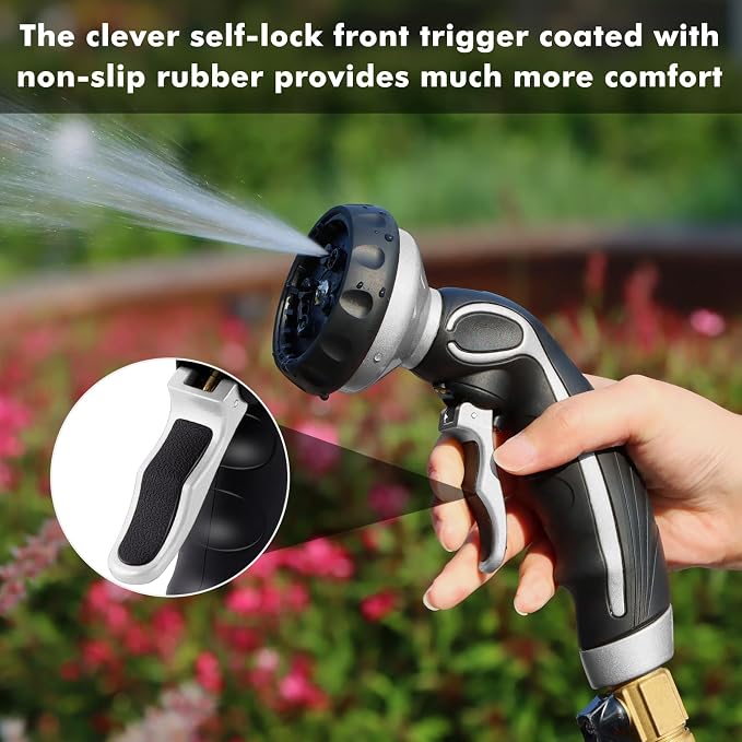RESTMO Hose Nozzle with Easy Self-Lock Trigger, Heavy Duty Metal Water Hose Sprayer with 9 Spray Patterns and On/Off Valve, High Pressure | Thumb Flow Control, Ideal for Outdoor Lawn & Plant Watering