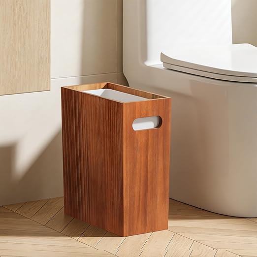 3 Gallon Wood Trash Can, Solid Wooden Trash Can with Plastic Liner, Handmade Slim Small Trash Can with Handle Fits Narrow Spaces, Decorative Wastebasket for Bathroom, Bedroom, Office, Kitchen