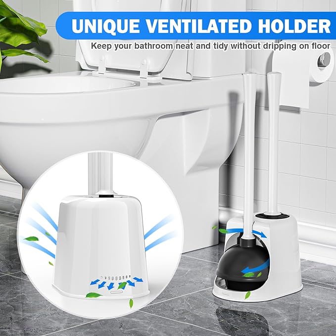 Toilet Plunger and Brush with Holder, Toilet Brush and Plunger Set for 5.3-inch Toilet Drain, 2-in-1 Bathroom Cleaning Combo with Caddy Stand(2 Pack, White)