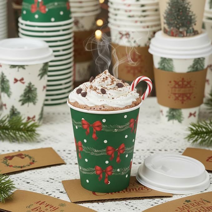 Gueevin 72 Set/ 216 Pcs Christmas Paper Cups Disposable 12 oz Christmas Coffee Cups with Lids and Sleeves Xmas Winter Party Supplies for Hot Chocolate Cocoa Cold Drinks Water Supplies (Bow Style)