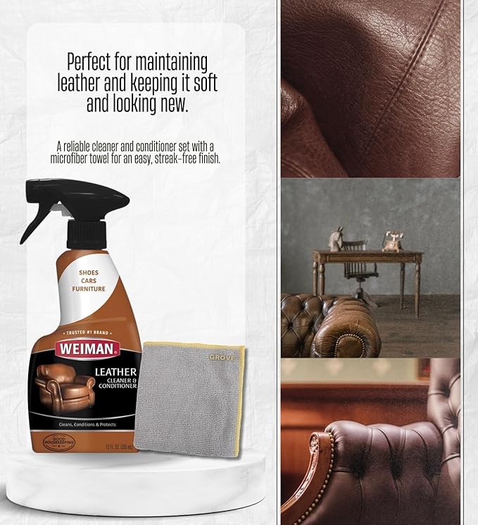 3x Weiman Leather Cleaner and Conditioner 12 oz Bundle with Microfiber Auto Cleaning Cloth – Moisturizes, restores, and protects leather furniture, car interiors, and accessories – Gift Set (4 Items)