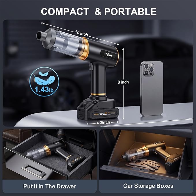 Handheld Vacuum Cleaner Cordless-17000PA Strong Suction for Car & Home, Car Vacuum Portable Rechargeable Lightweight for Pet Hair with HEPA Filter, Quick Clean in Office/Desk/Couch (Black)