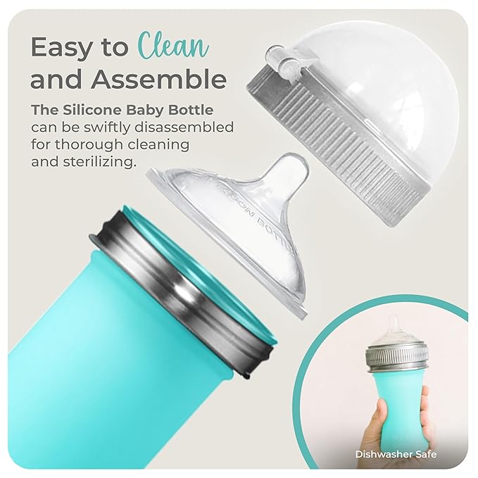 Mason Bottle 8oz Silicone Baby Bottle with Medium Flow Nipple (3+ Months) – Breastfeeding Bottle, Reusable Silicone Squeeze Pouch – BPA & BPS-Free, Non-Toxic, Made in USA (Teal)