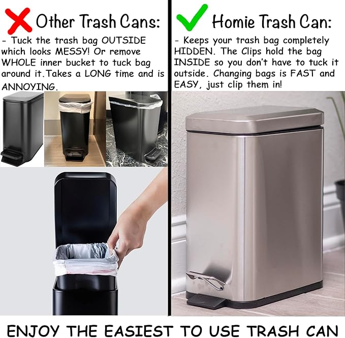 Homie Soft Close, Slim Trash Can 3.2 Gallon with Anti - Bag Slip Liner and Lid, Use as Mini Garbage Basket, Slim Dust Bin, or Decor in Bathroom, Restroom, Kitchen, or Bedroom (Stainless Steel)
