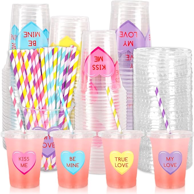 FYSUIMU 100Pcs Valentine's Day Plastic Cups with Lids and Straws 12oz Conversation Heart Disposable Candy Conversation Heart Cold Beverage Drinking Cup for Valentines Wedding Birthday Party Supplies
