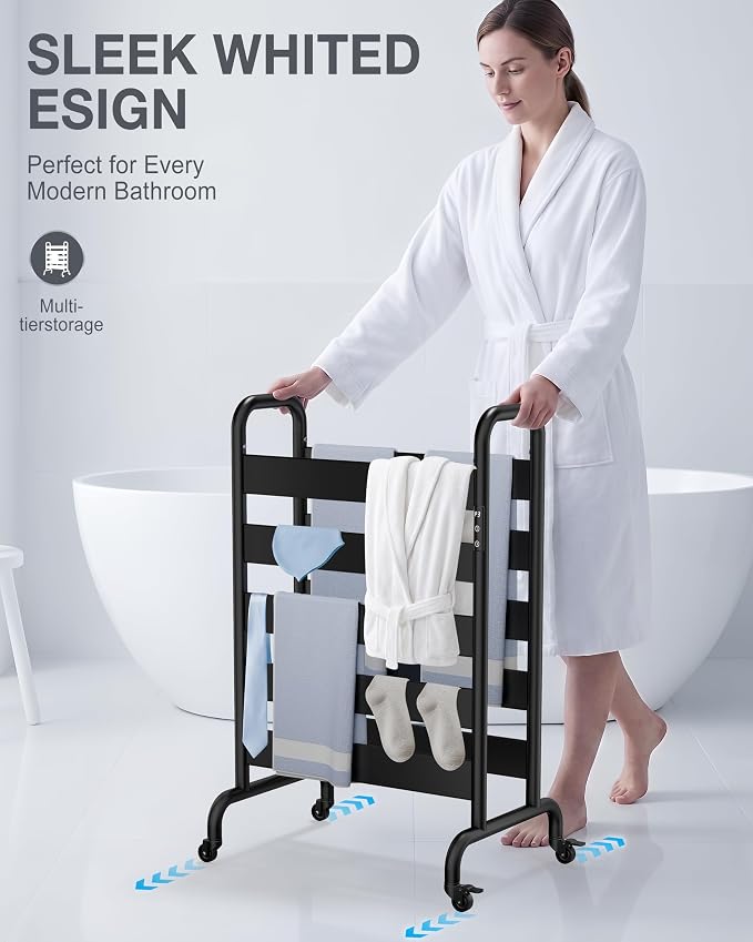 Freestanding Heated Towel Rack 10-Bar, Double Layer Electric Towel Warmer with Wheels, 400W Fast Heating, Adjustable Temperature 110–170°F, Timer & Auto Shut-Off, Space Aluminum, Black