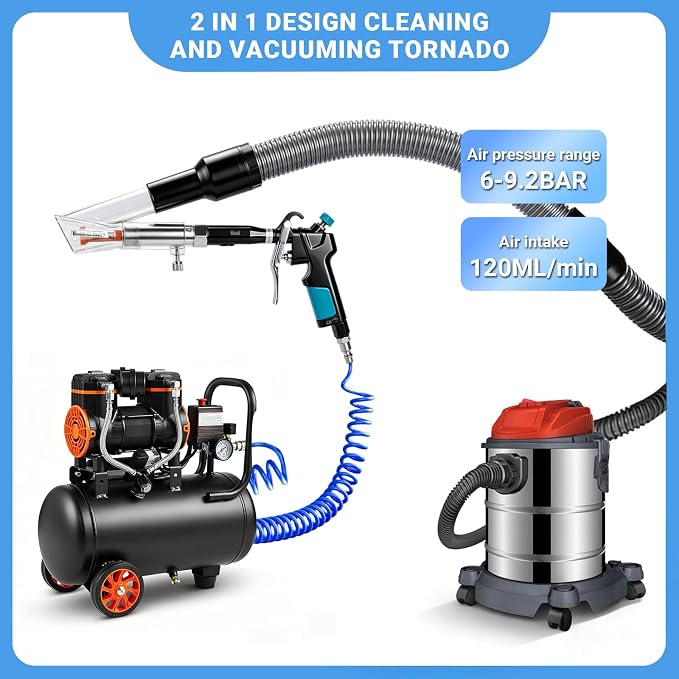 Car Interior Cleaning Gun with 2-in-1 Air Blower Attachments, Detailing Brush and Swivel Connector – for Car Seats, Carpets, Dashboards, Floor Mats, Air Vents, Pet Hair Removal and Rapid Drying
