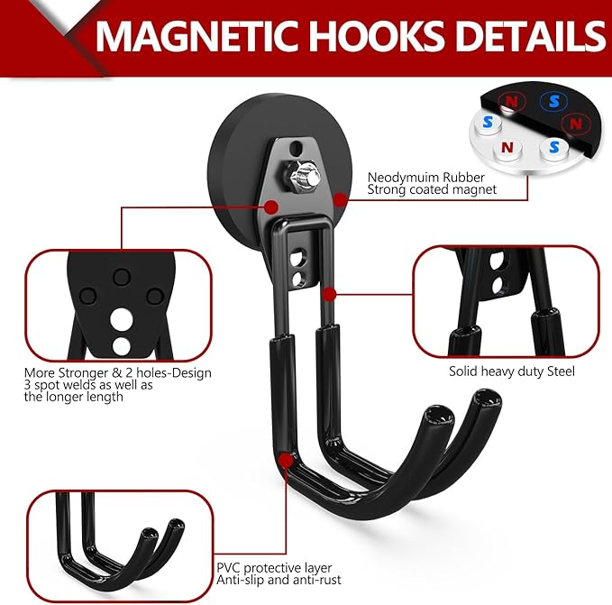 3-H Extra Strong Magnetic Hooks,Heavy Duty Large Anti-Slip Magnet Hooks J Shape,No-Drill Tool Holder for Garage,Power Drill,Garden Tools,Hose Storage,2 Pack Black