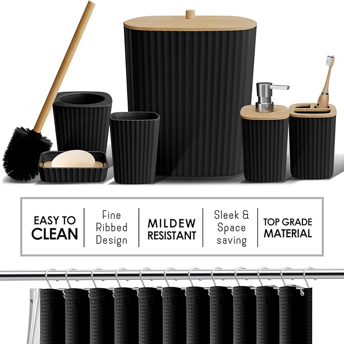 Clara Clark Bathroom Accessories Set - Bathroom Set, Bathroom Sets with Shower Curtain and Rugs, Shower Curtain Set with Bathroom Trash Can - Ombre Black - 22PC