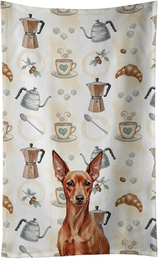 Caroline's Treasures Red Miniature Pinscher Min Pin Coffee Bar Kitchen Towel Velour Plush Front and Cotton Loop Back Machine Washable