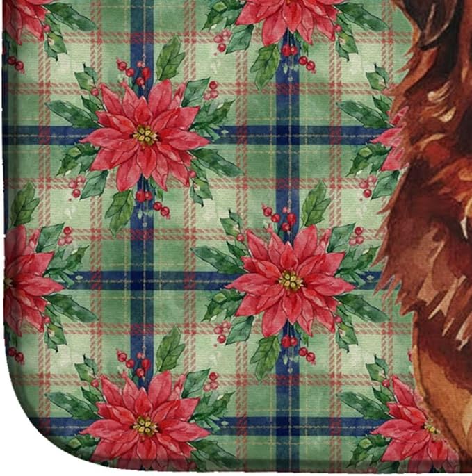 Caroline's Treasures Red Gold Tibetan Mastiff Christmas PoinsettIas Dish Drying Mat Absorbent Dish Drying Mat Pad for Kitchen Counter Dish Drainer Mat for Countertop, 14 x 21", Multicolor