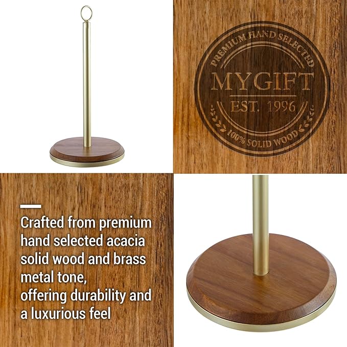 MyGift Premium Acacia Solid Wood Countertop Paper Towel Roll Dispenser Stand with Brass Tone Metal Spindle and Top Carrying Ring, Table Standing Holder for Disposable Kitchen Towels