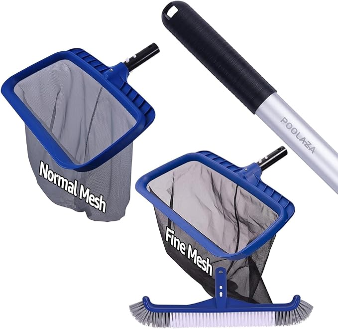 POOLAZA Normal Mesh & Fine Mesh Pool Skimmer Net, 17.5" Pool Brush & 10.5" Aluminum Pool Pole