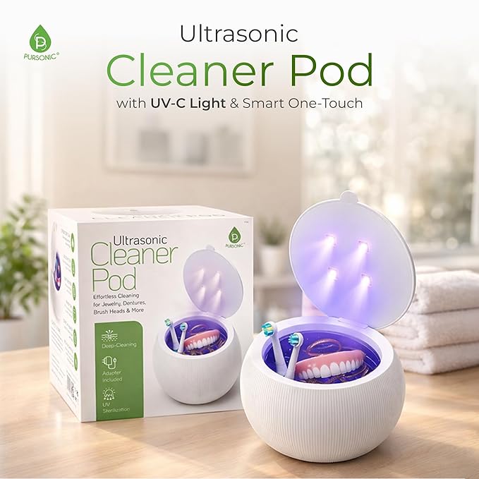 Pursonic 42kHz Ultrasonic Cleaner Pod with UV-C Light & Smart One-Touch - Water-Based Cleaning Device with Auto Shut-Off Feature for Coins, Dentures, Aligners, Jewelry & Toothbrush Heads
