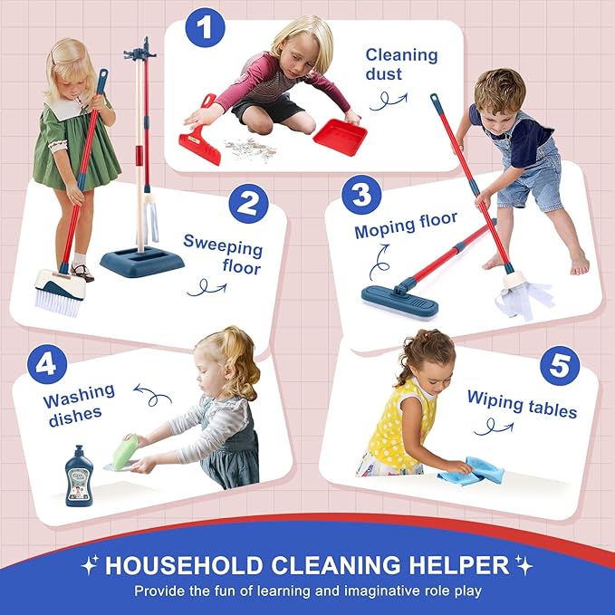 Toddler Toys Cleaning Set, Kids Cleaning Toy Stand Set, Pretend Play Home Cleaning Tools Toys Playset，Broom, Dustpan, Mop, Duster