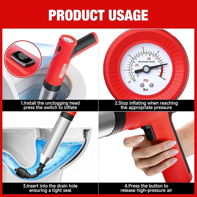 Alloyman Electric Toilet Plunger - Powerful High Pressure Toilet Unclogger, Plungers for Bathroom, Floors, Shower, Safe and Portable Toilet Unclogged Tool