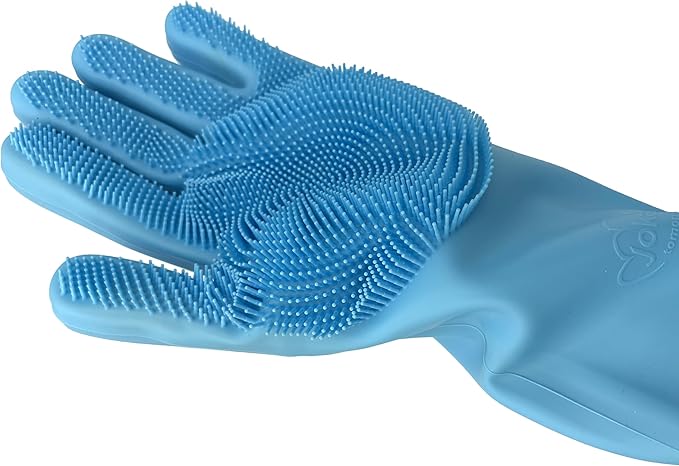 Jokari Scrub n' Suds Silicone Dish Gloves with Built-In Scrubber Bristles – Waterproof Cleaning Gloves, Extended Sleeves with Drawstring & Cord Lock, 100% Food-Grade Silicone, Large Size, 1 Pair