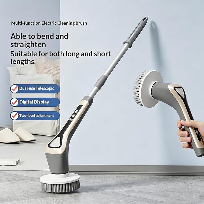 Electric Spin Scrubber, Full-Body Waterproof Bathroom Electric Scrubber with Power LCD Display, Cordless Cleaning Brush Scrubber for Bathroom and Kitchen Cleaning
