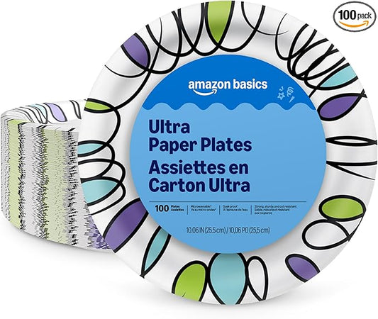 Amazon Basics Ultra Paper Plates, 10 Inch, Disposable, 100 Count, Packaging May Vary