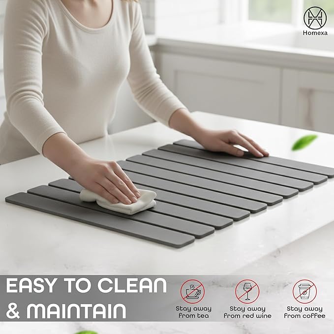 Stone Dish Drying Mat 24" x 16" – Dish Drying Stone – Large Diatomaceous Earth Drying Mat with Non-Slip Base – Quick Dry Kitchen & Bathroom Drying Pad for Dishes, Glassware & Bottles (Solid Dark Grey)