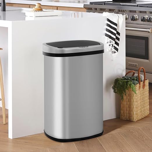 24/7 Shop at Home Freeway 13 Gallon Metal Household Trash Can Motion Sensor Lid for Kitchen, Silver