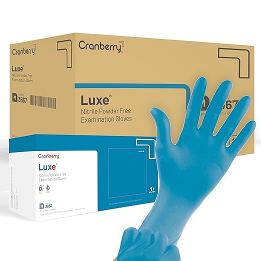 Cranberry USA Cranberry Luxe Nitrile Exam Gloves, Case of 3000, Medium, Azure Blue, Lanolin & Vitamin E, 2.5 Mil