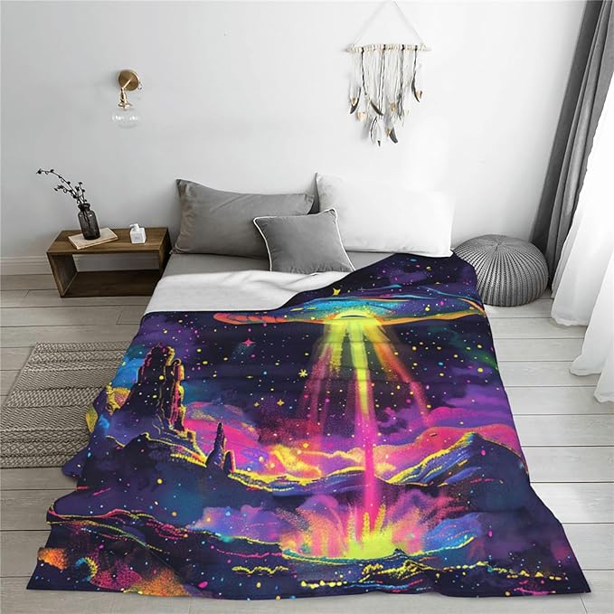 Galaxy UFO Blanket Gifts for Girls Boys Teens Space Decor Throw Blanket Cozy Plush Flannel Fleece Warm Soft Lightweight Fuzzy Winter Colorful Universe Blanket for Women Bed Sofa Couch 60"X80"
