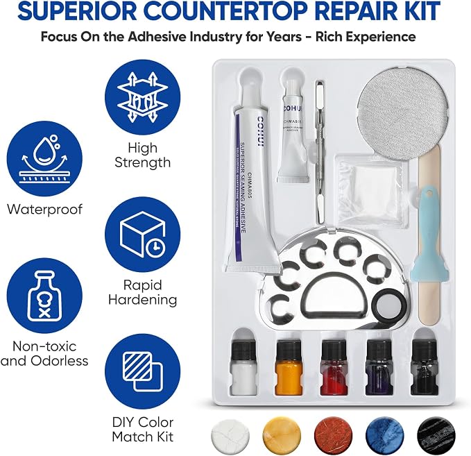 Marble and Granite Repair Kit (DIY Color Match) - 30-Min Quick-Drying Quartz Countertop Repair Kit on Granite Marble Tiles Stone Surfaces - Tile Porcelain Repair Kit for Chips Cracks Scratches Holes