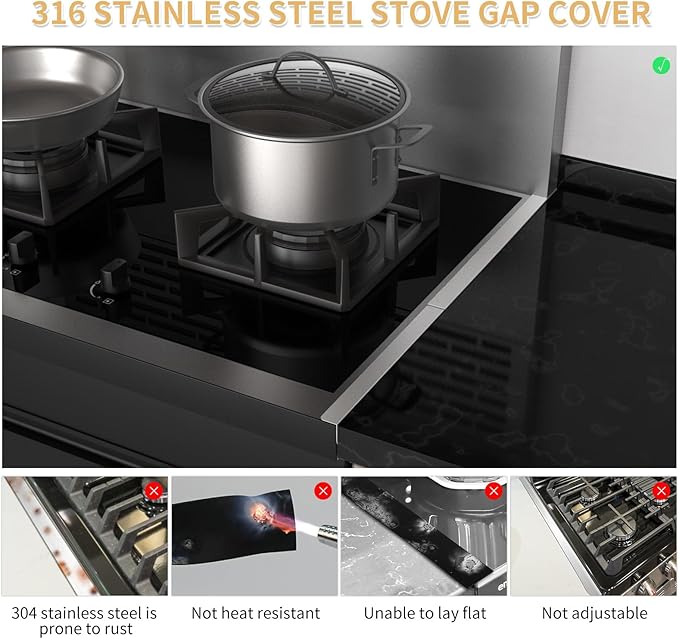 316 Stainless Steel Stove Gap Covers,2 Pack Stove Gap Filler,Range Trim Kit,Heat-Resistant Stove Gap Guard,Easy Retractable Length 13.8" to 27.5",Width 0.78",Silver